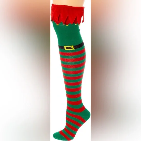 🦌⚠️3 FOR $10 SALE⚠️🦌 Festive Red and Green Striped Knee-High Socks - Picture 1 of 2